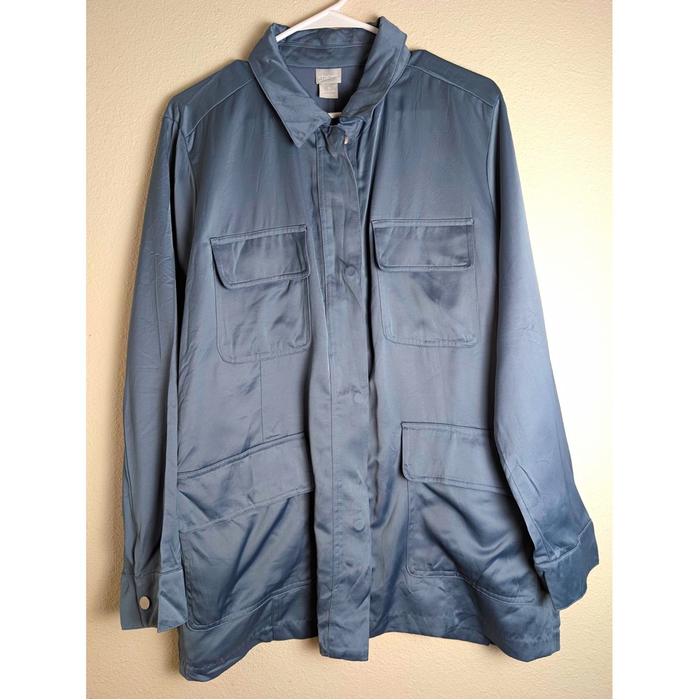 Chico's Satin Full Zip Chore Jacket Size 3 (XL 16/18) Slate Blue Pockets